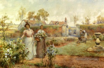  Lady Tableaux - Une dame et sa servante cueillant des chrysanthèmes paysage Alfred Glendening
